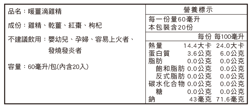 田原香暖薑滴雞精營養標示